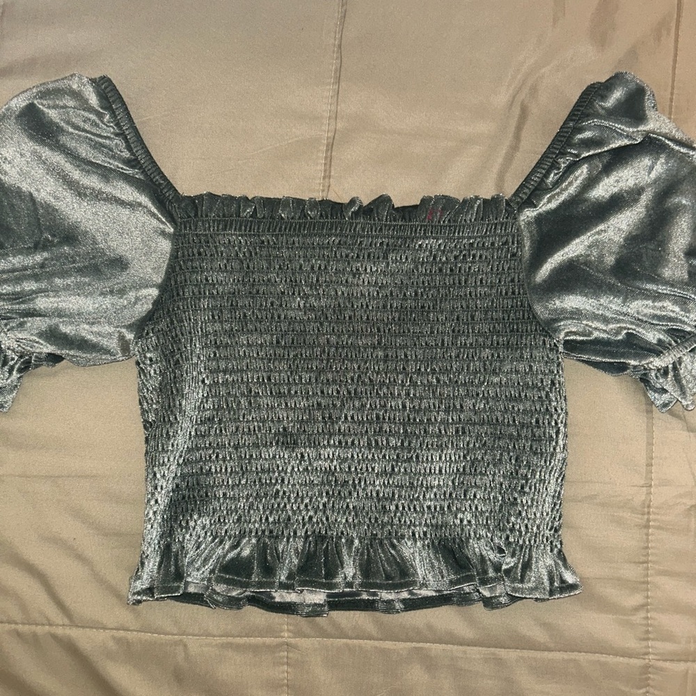 Velvet green off/on the shoulder top.